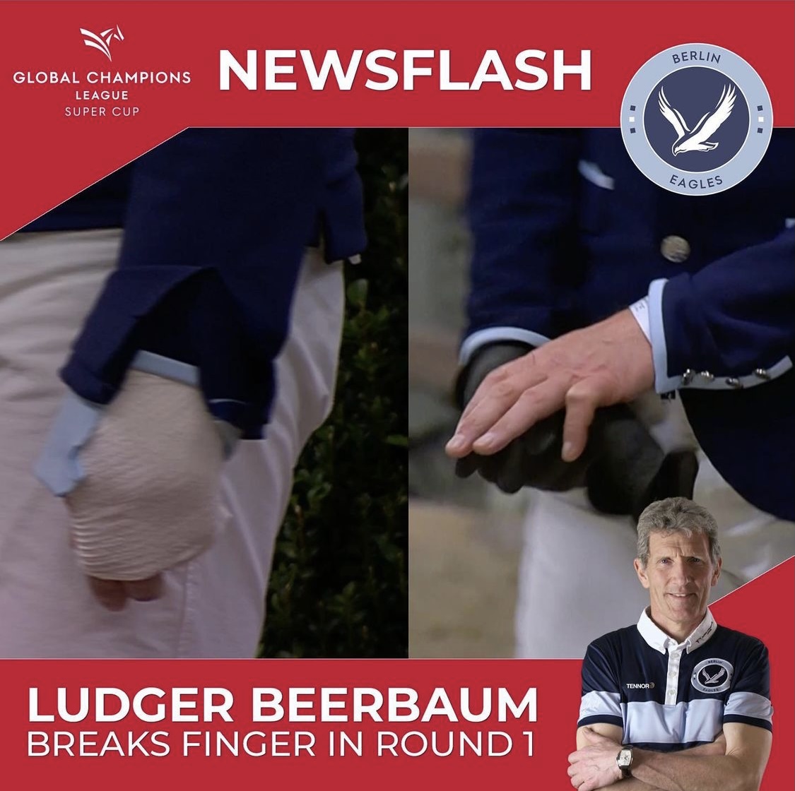 Ludger Beerbaum breaks finger during the first round of the GCL Super Cup in Prague